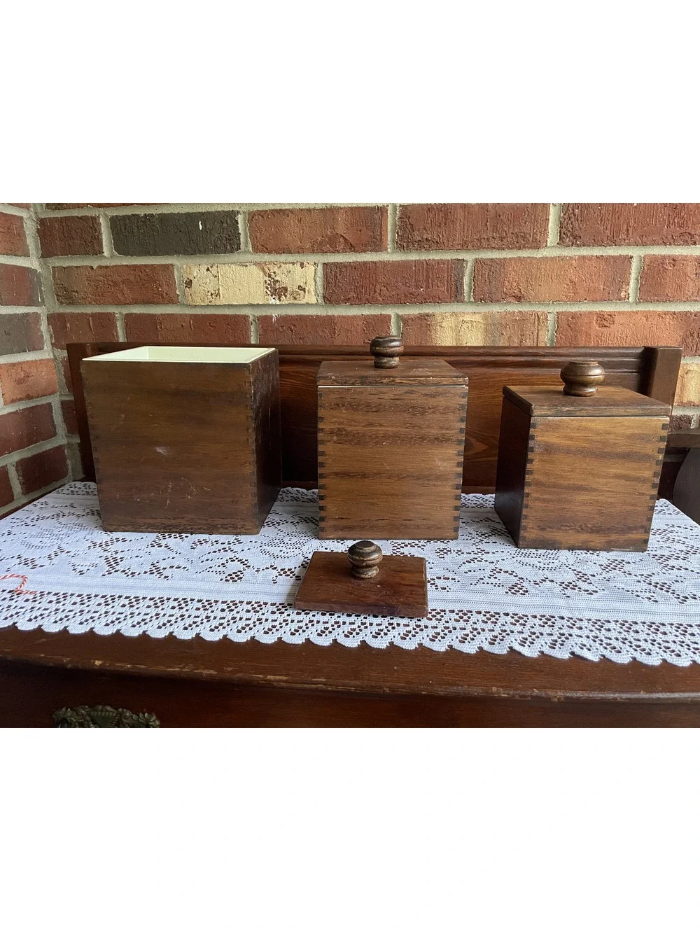 Vintage Wooden Canister Set with Eagle Emblem